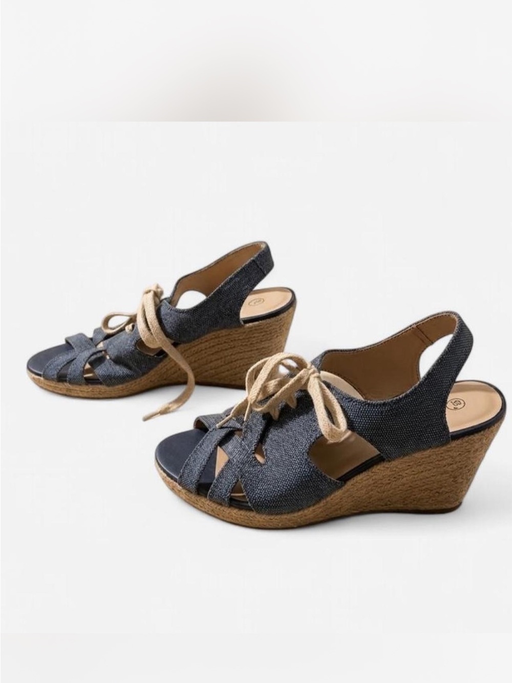Wedge Blue Denim Sandals with Lace-Up Detail - Navy